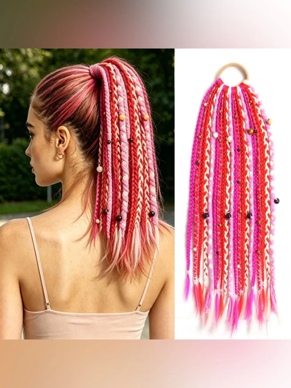 Boho Braided Ponytail Hair Extensions with Beads, Festival Pink Blend